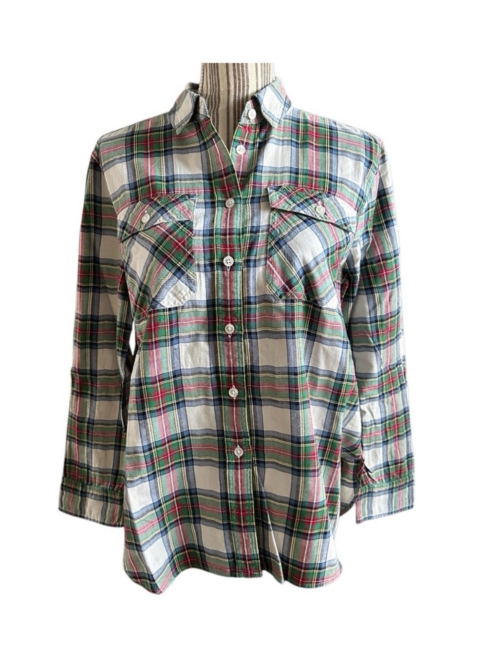 J. Crew Green, Blue and White Plaid Button-Down Shirt petite size 10